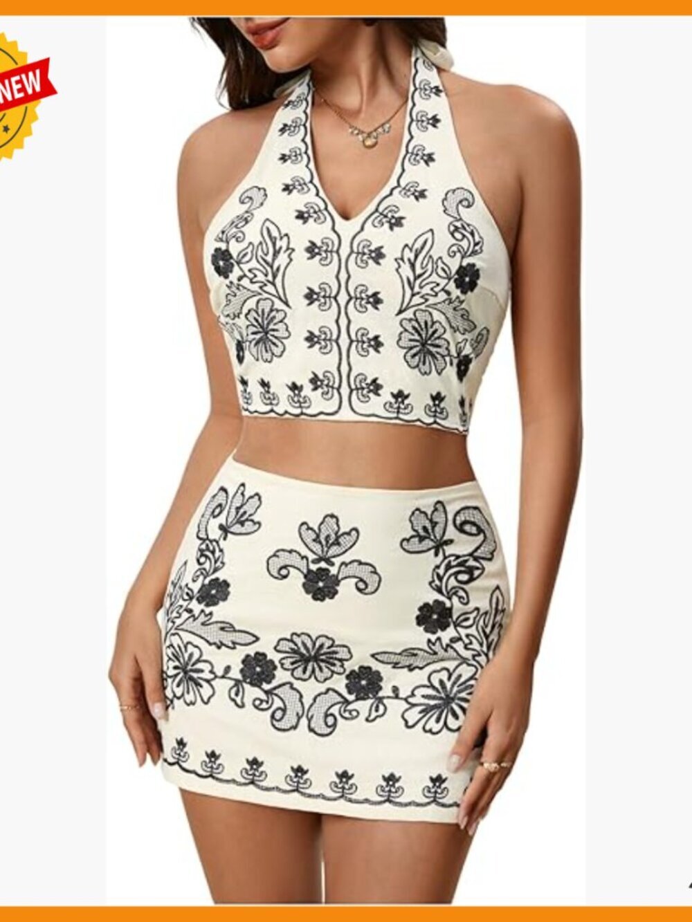 Large Linen Blend Halter Skirt Set with Floral Embroidery